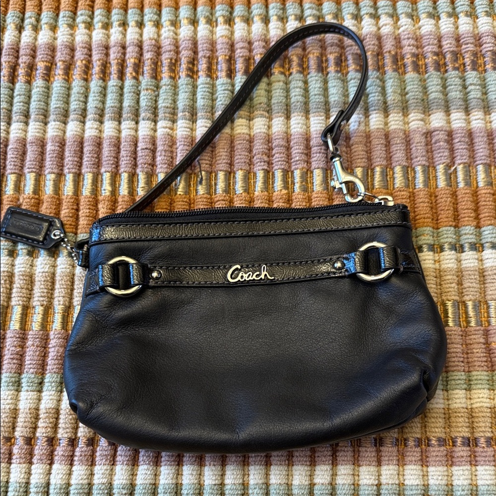 Coach Black Leather Wristlet with Gold Accents